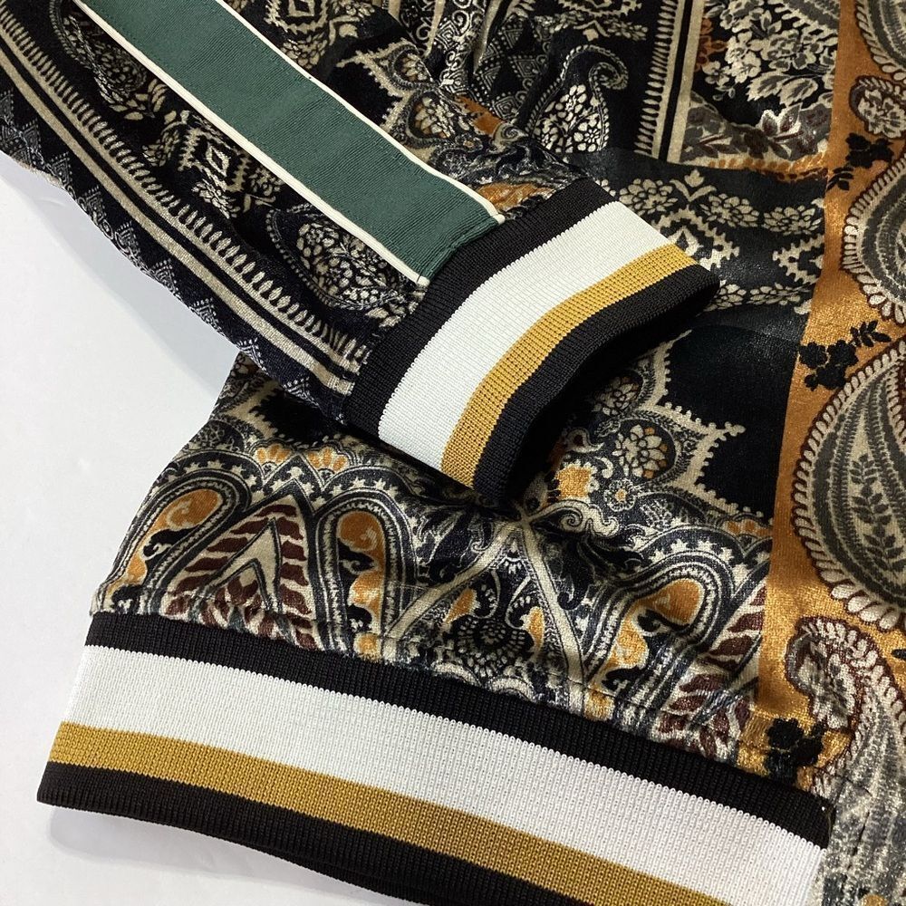 Zara Velour Bomber Track Jacket Size L Green Gold Paisley Stripe Velvet 80s - Picture 4 of 11